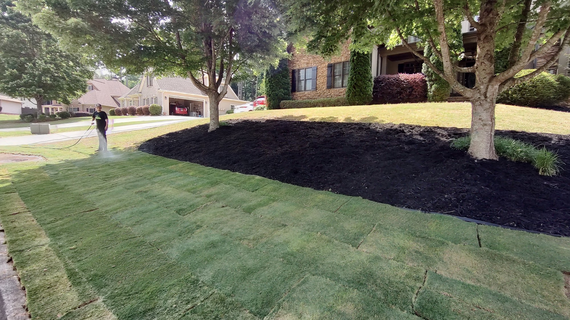 Freshly installed dark mulch beds and new sod in a front yard